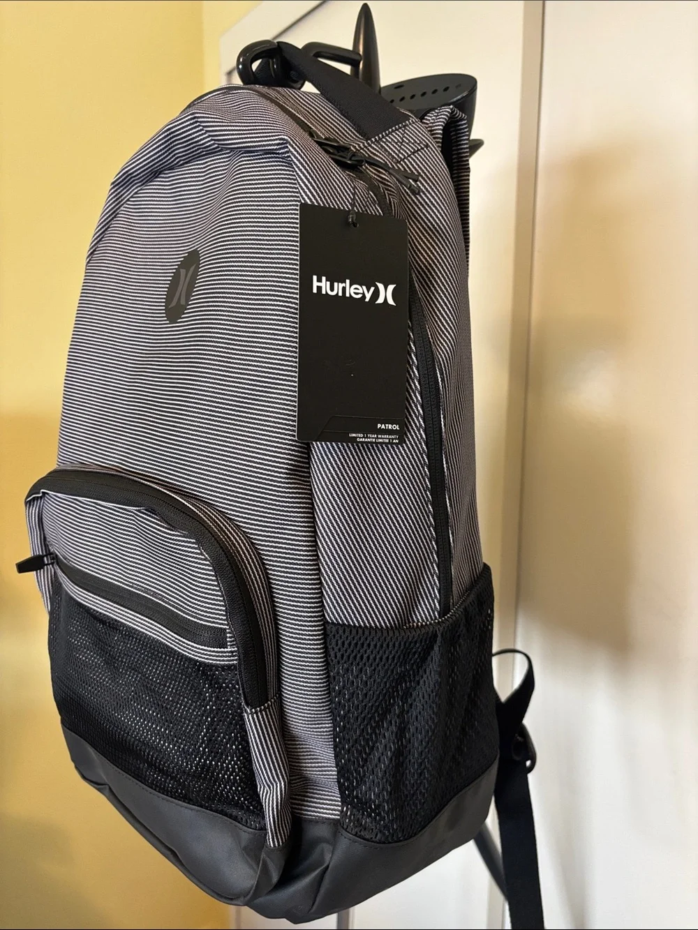 Hurley, PATROL Black & White Striped Backpack, NWT